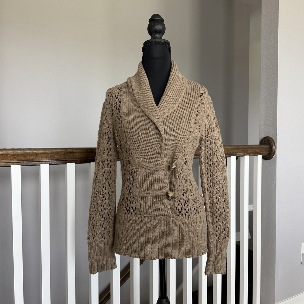 Old Navy Brown Crochet Wool Blend Knit Toggle Cardigan Y2K Boho Sweater Small